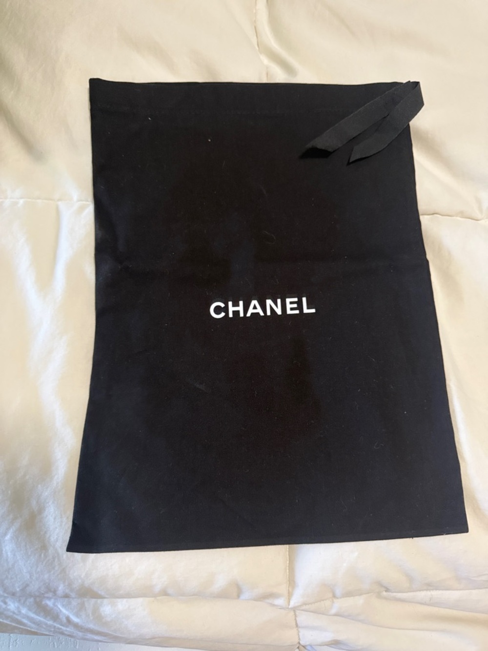 CHANEL Black Drawstring Logo Dust Bag with White Text